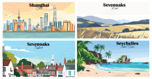 Travel landmarks tourism world famous, Vector illustration. Design for travel wallpaper, flyer or web banner design template. Panorama view. Copy space