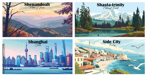 Travel landmarks tourism world famous, Vector illustration. Design for travel wallpaper, flyer or web banner design template. Panorama view. Copy space