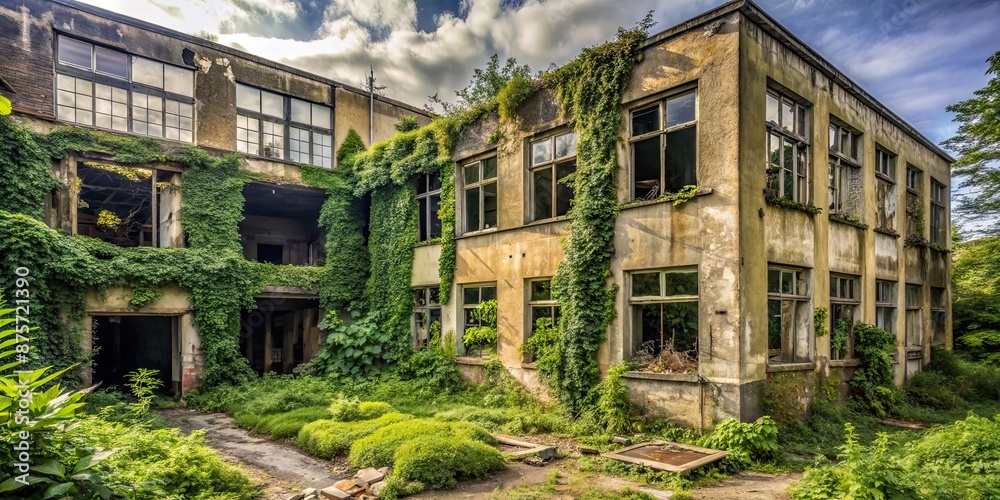 Abandoned building with broken windows and overgrown vegetation , abandoned, empty, derelict, decay, urban exploration