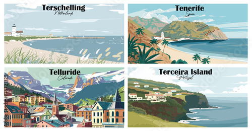 Travel landmarks tourism world famous, Vector illustration. Design for travel wallpaper, flyer or web banner design template. Panorama view. Copy space
