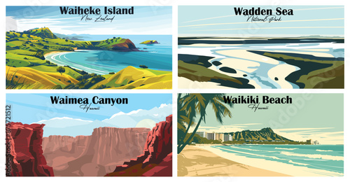 Travel landmarks tourism world famous, Vector illustration. Design for travel wallpaper, flyer or web banner design template. Panorama view. Copy space