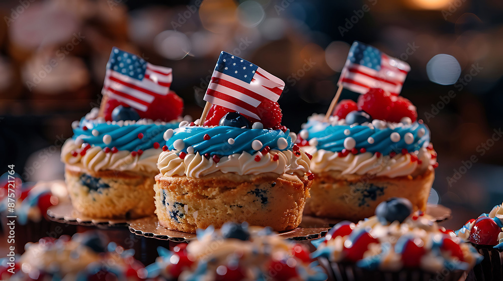 Artistic display of three miniature cakes featuring red, white, and blue hues, decorated with small American flags, photographed to emphasize their festive and delicious appearance in high-definition Artistic display of three miniature cakes featuring red, white, and blue hues, decorated with small American flags, photographed to emphasize their festive and delicious appearance in high-definition