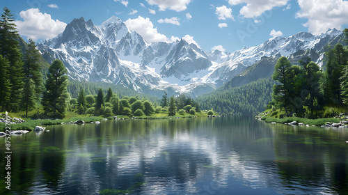 Realistic depiction of a serene mountain lake surrounded by lush green forests and snow-capped peaks under a clear blue sky