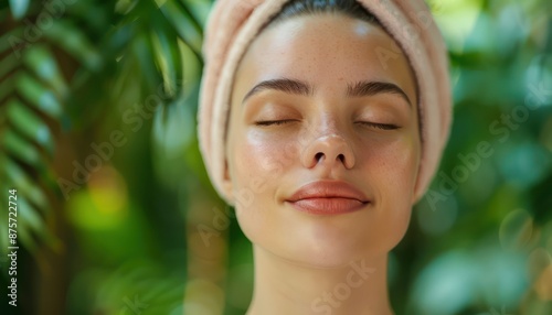 Woman Relaxing with a Towel on Her Head, Enjoying a Moment of Peace and Self-Care in a Lush Green Garden This image is perfect for promoting spa treatments, beauty products, mindfulness, and photo