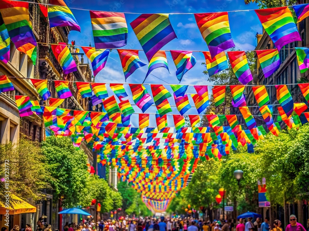 Fototapeta premium Vibrant rainbow flags and colorful decorations fill the air as a joyful atmosphere is set for a celebratory Pride Month event.