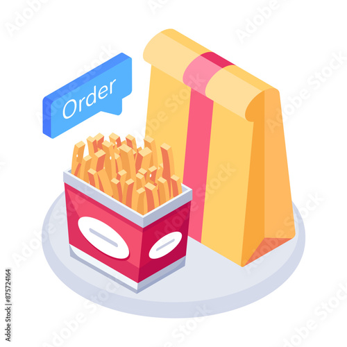 Trendy isometric icon of ordering fries box 

