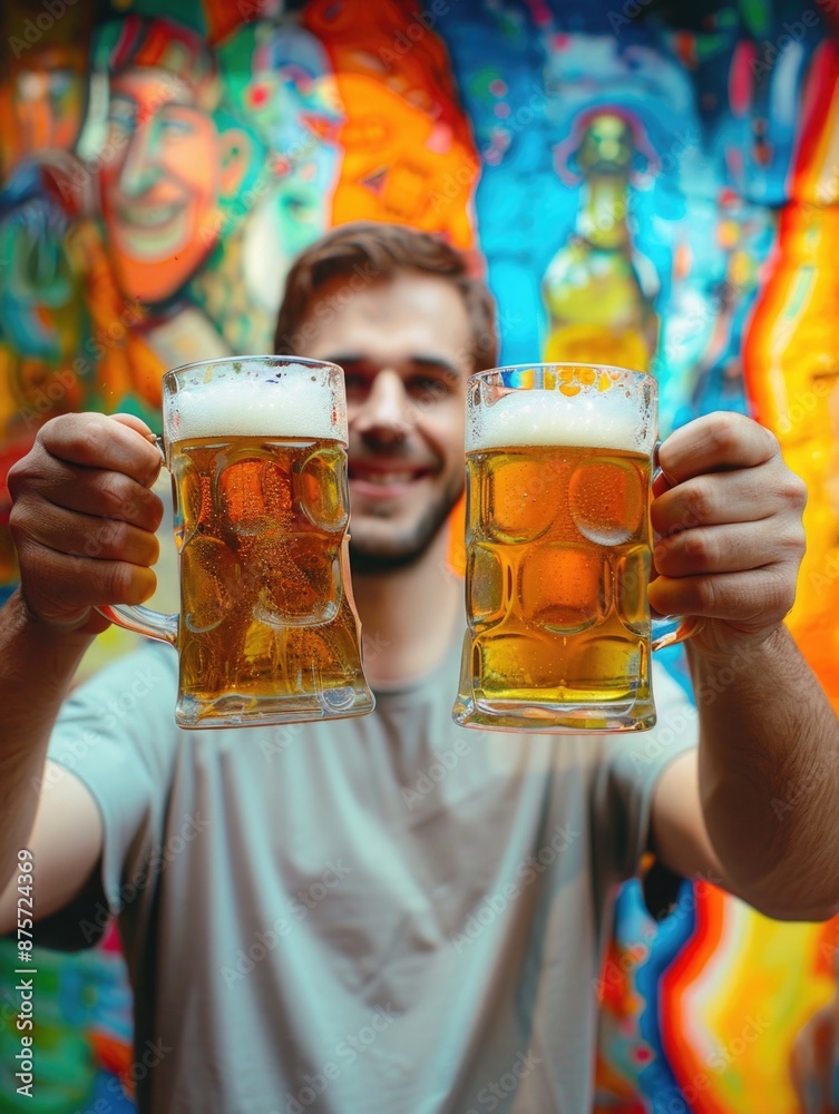 Fototapeta premium Man with beer glasses near mural