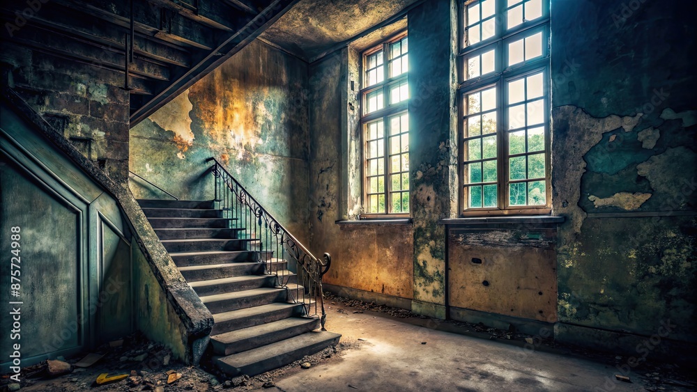 Obraz premium Ancient dark staircase in grunge interior of an empty building architecture with a window , ancient, dark, staircase