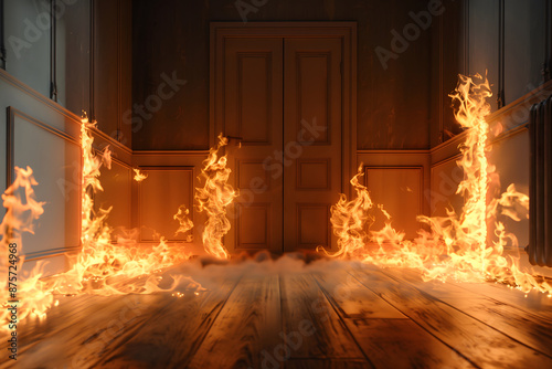 Fire, flames and smoke in the room. Copy space. photo