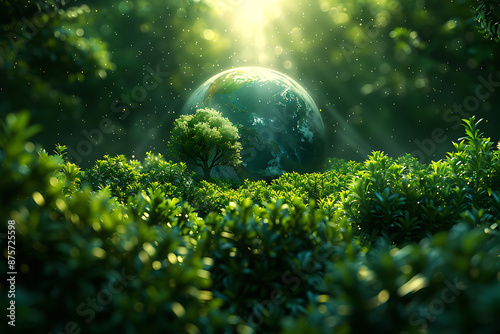 The fisheye represents the Earth. The trees sequester carbon in the presence of sunlight. They release oxygen, regulate the environment temperature 