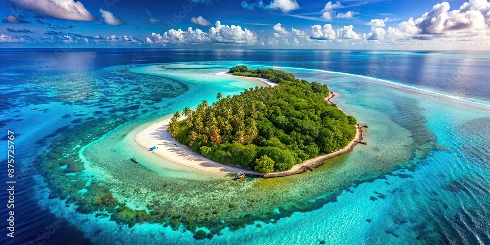 Obraz premium Aerial view of a tropical island surrounded by turquoise waters, tropical island, aerial view