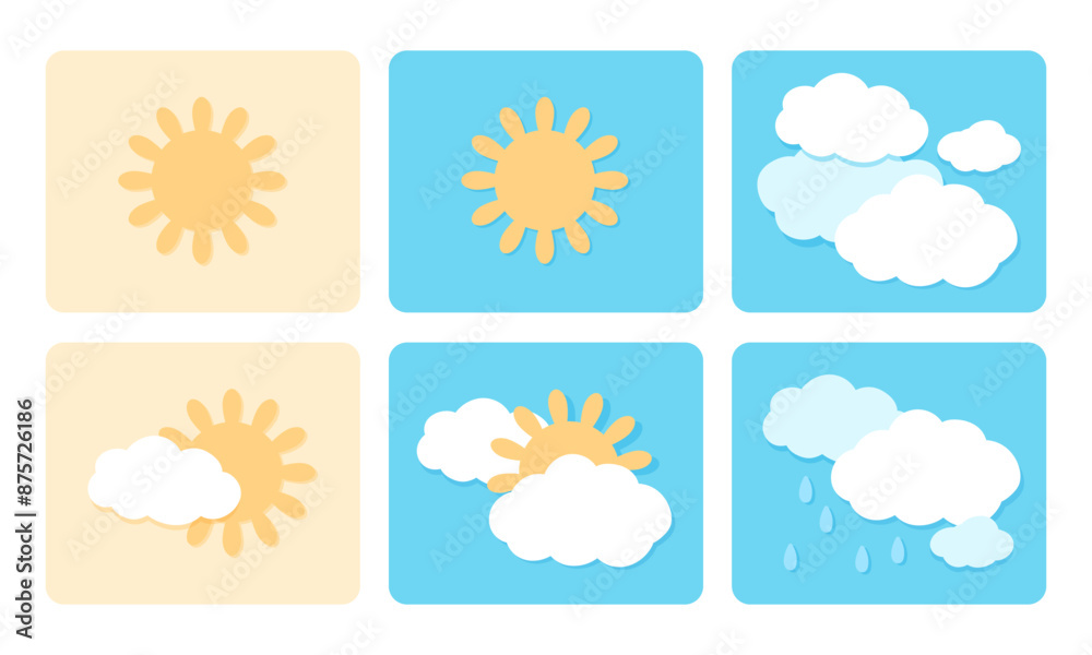  Cute weather report icons. Vector illustration. Rainy, cloudy, sunny day hot cartoon cliparts.