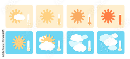  Cute weather report icons. Vector illustration hot termometer. Sunny summer day cartoon cliparts.