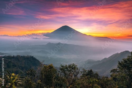 Morning view at one of the most recognizable sights island Bali, volcano Agung, on the top of which according to legend live spirits protecting the island Bali Indonesia