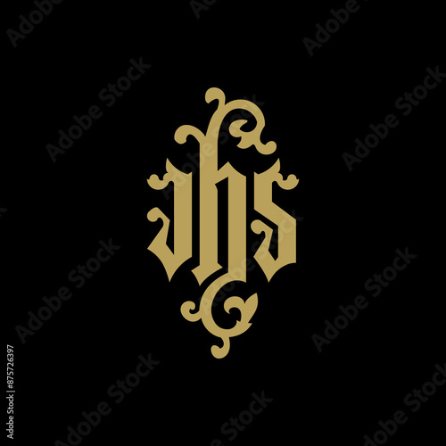 Gold IHS monogram logo, god jesus christ design vector symbol on black background