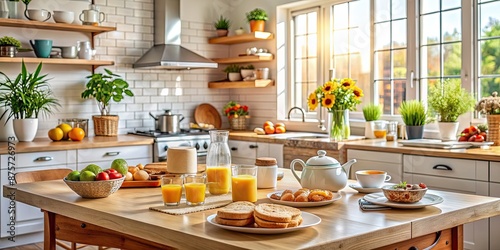 A cozy kitchen setting with a delicious spread of breakfast items, breakfast, kitchen, food, morning, meal, coffee, eggs