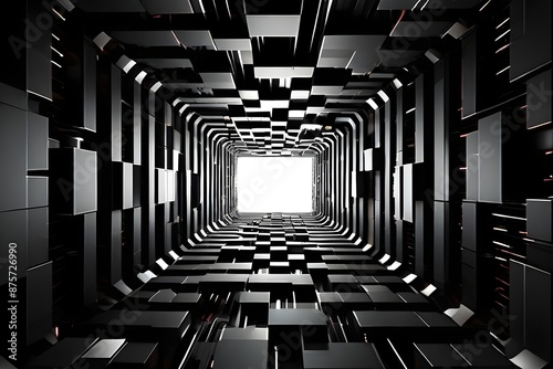 Black and white tunnel structure representing data and communication in abstract geometric pattern