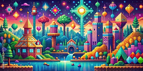 Vibrant, nostalgic pixel art scene featuring abstract shapes, geometric patterns, and retro video game elements in a mesmerizing array of bright, electric colors. © Man888