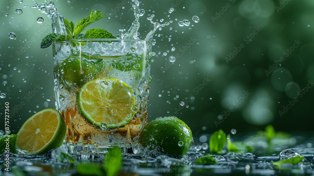 lime and water, a glass of water with lime and mint, water splash and water drop, summer vacation vibe , Mint Mojito lime and water, a glass of water with lime and mint, water splash and water drop, summer vacation vibe , Mint Mojito