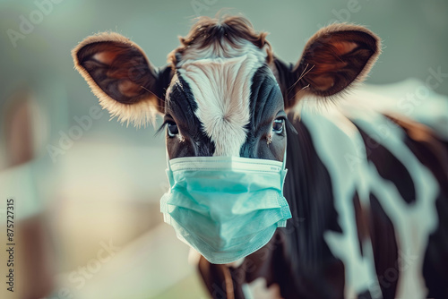 Cow wearing a face mask, illustrating transmission of animal viruses to humans photo