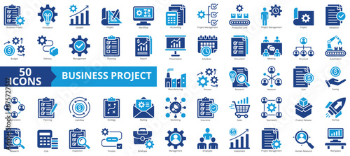 Business project icon collection set. Containing innovation, growth, workflow, accounting, management, production line, validation icon. Simple line vector.