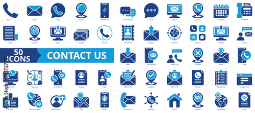 Contact us icon collection set. Containing phone, email, chat, location, smartphone, conversation, calendar icon. Simple line vector.