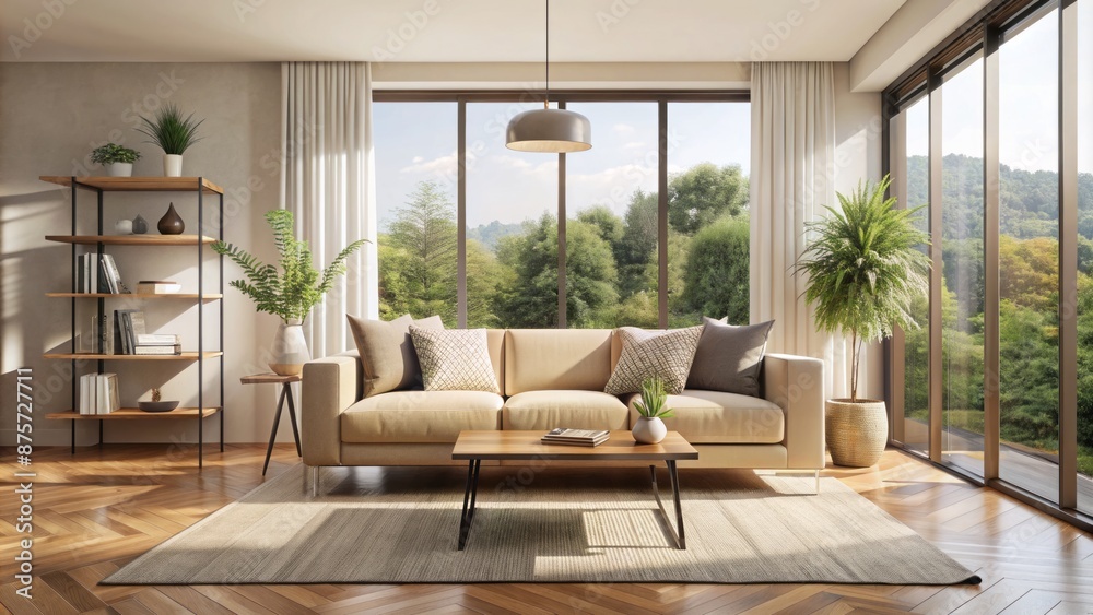 Modern minimalistic living room with beige sofa and clean lines bathed in natural daylight from large window with freshness ambiance. Modern minimalistic living room with beige sofa and clean lines bathed in natural daylight from large window with freshness ambiance.