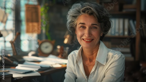 A professional looking middle-aged woman smiling in a busy, paperwork-filled office setting