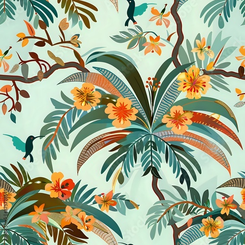 Bright Tropical Palm Tree and Hibiscus Flower Design
