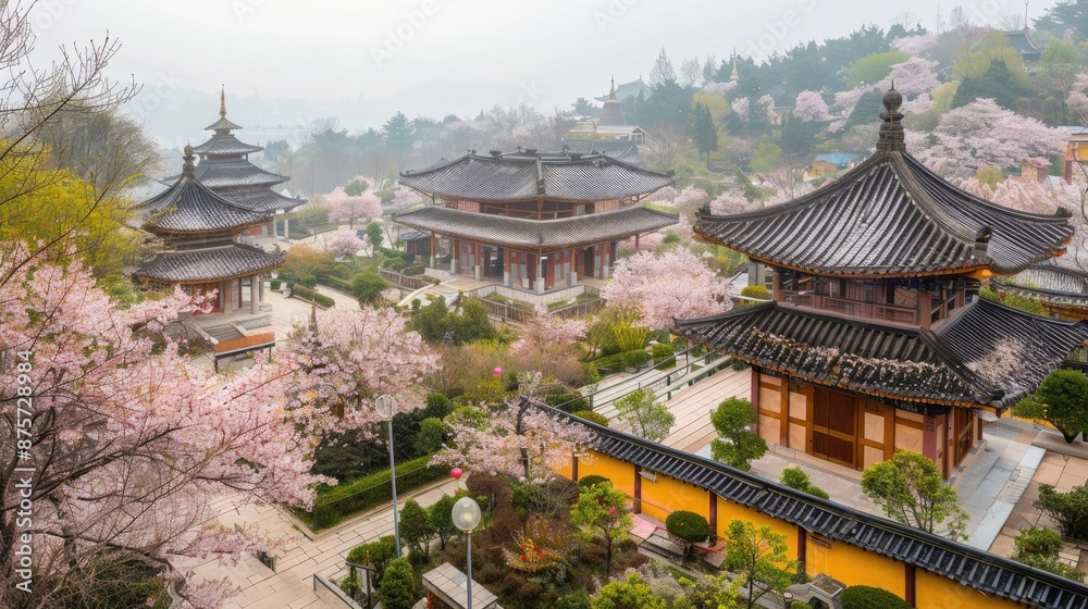 An ancient Buddhist temple complex with pagodas and prayer halls, surrounded by serene gardens and cherry blossom trees in full bloom. An ancient Buddhist temple complex with pagodas and prayer halls, surrounded by serene gardens and cherry blossom trees in full bloom.