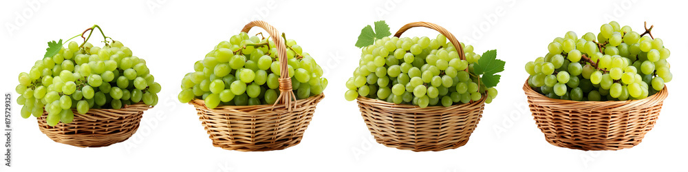 Set of fresh green grapes collection in basket isolated on transparent background Set of fresh green grapes collection in basket isolated on transparent background