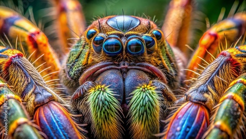 Vibrant Brazilian wandering spider's intricate patterns and hairs magnified in stunning macro, showcasing nature's majestic beauty in sharp focus.
