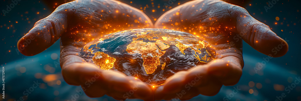 Glowing earth held in a hand, representing global care and environmental protection