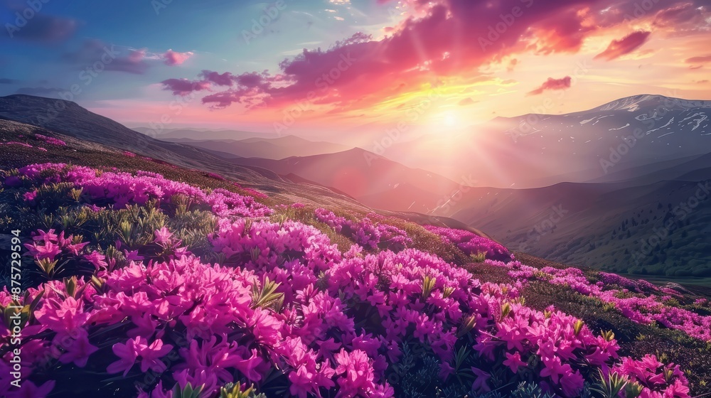 Charming pink flower rhododendrons at magical sunset. Location Carpathian mountain, Ukraine, Europe. Beautiful nature landscape. Scenic image of idyllic summer wallpaper. Discover the beauty of earth. Charming pink flower rhododendrons at magical sunset. Location Carpathian mountain, Ukraine, Europe. Beautiful nature landscape. Scenic image of idyllic summer wallpaper. Discover the beauty of earth.