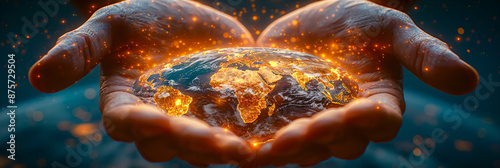 Obraz na płótnie Glowing earth held in a hand, representing global care and environmental protection w salonie
