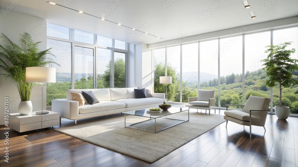 Fototapeta premium Sleek minimalist white living room interior with sparse modern furniture, polished floor, and plenty of natural light pouring in.
