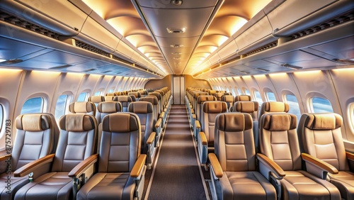 Airplane interior with empty seats, overhead compartments, and windows, conveying excitement and anticipation of a joyful vacation or journey. © Caitlin