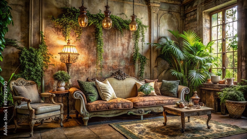 Obraz premium Antique furniture, ornate pillows, and lush greenery adorn the dimly lit, shabby-chic space with worn carpet and faded wall decor.