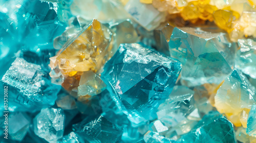 Turquoise decorative crush glass rocks close up, A pile of pieces of colored glass melted, Background, texture, Decorative material for landscaping, Blue volcanic glass, Large cobblestones photo