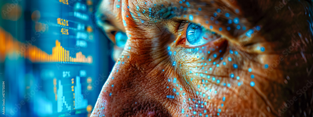 Closeup of a mans eye with a green iris, staring intensely into the dark