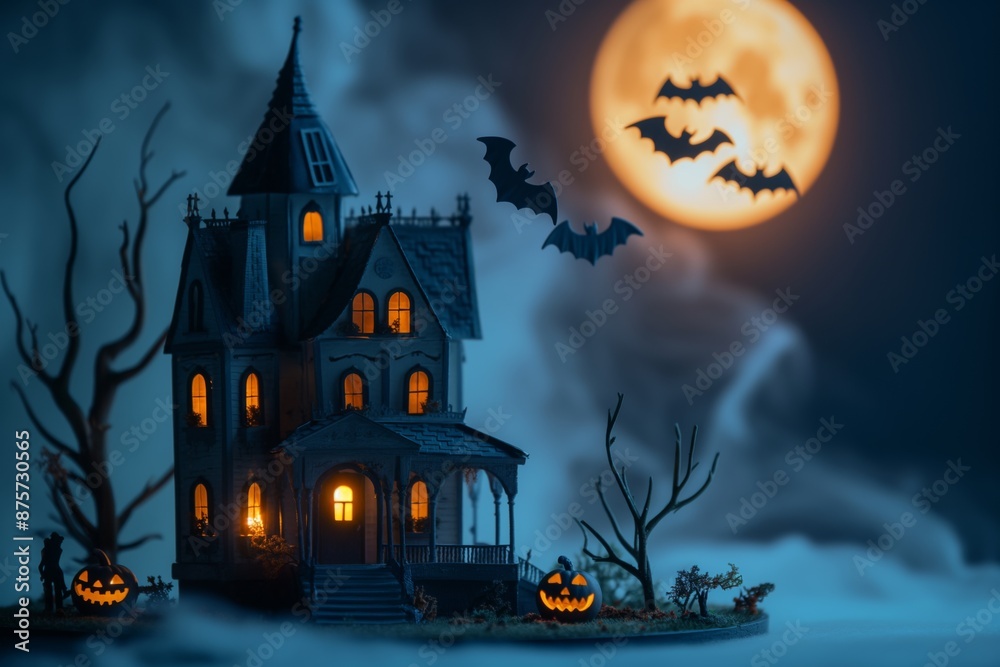 Halloween background Miniature haunted house and full moon background Halloween background Miniature haunted house and full moon background