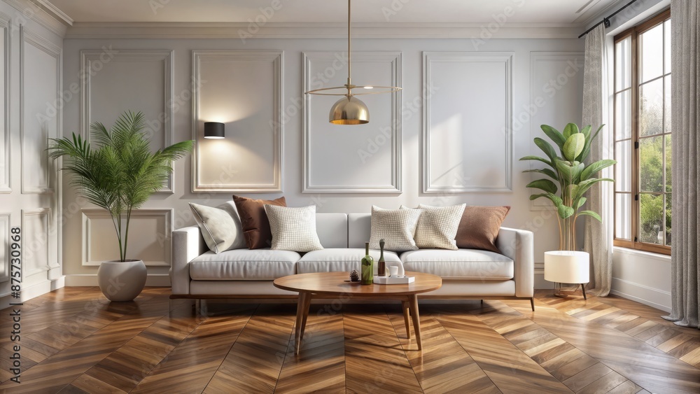 Elegant minimalist modern living room featuring a sleek white sofa on a rich wooden parquet floor in Scandinavian style. Elegant minimalist modern living room featuring a sleek white sofa on a rich wooden parquet floor in Scandinavian style.