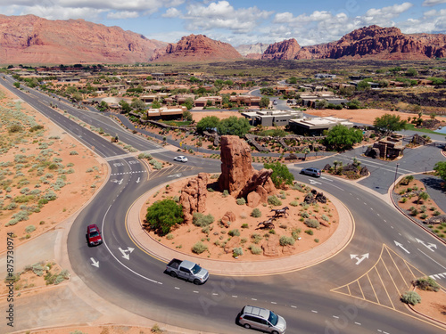 Traffic round about in the desert. Ivins, Utah, United States of America. photo