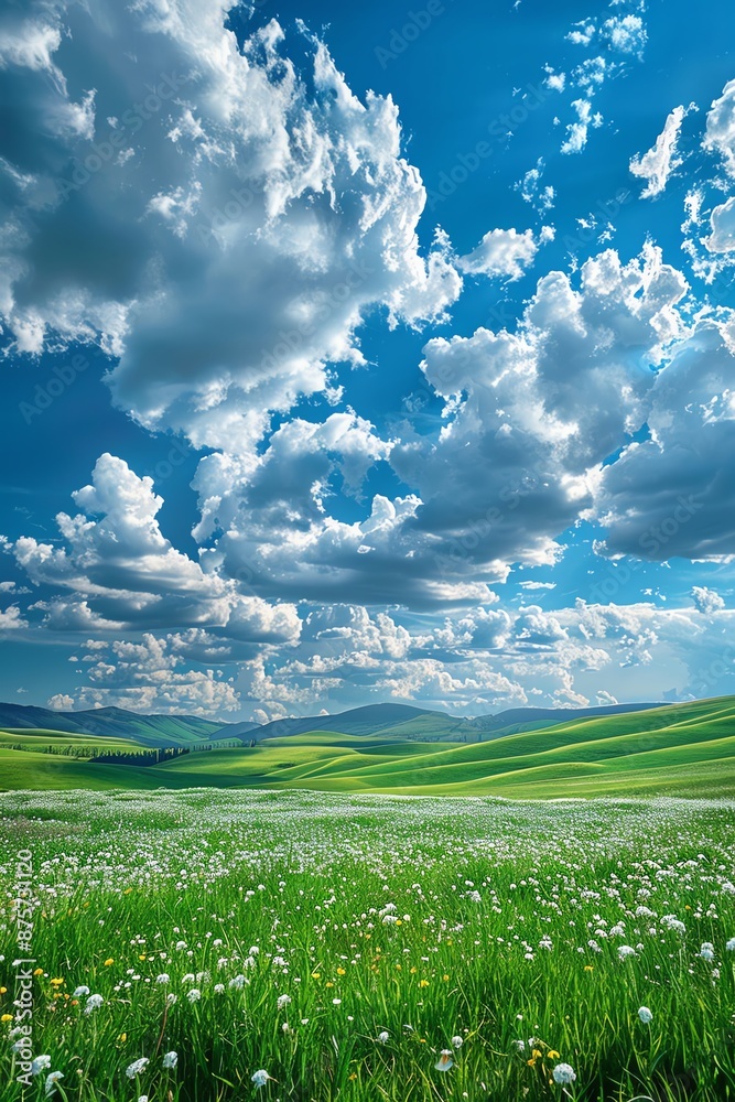 Fototapeta premium Expansive green meadows stretching under a blue sky with a majestic cloudscape overhead