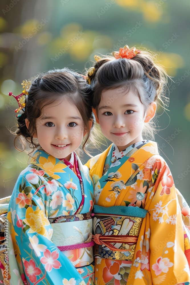 Two girls in vibrant kimonos, smiling outdoors Two girls in vibrant kimonos, smiling outdoors