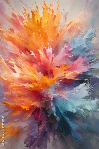 Explosive color burst in orange, pink, and blue. Vertical image of exploding motion of multicolored powder with dark background. Abstract art and creative design concept. Celebrate and festive. AIG35. © Summit Art Creations