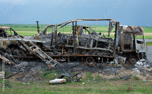Burnt truck with a burnt-out driver's cab, accident.