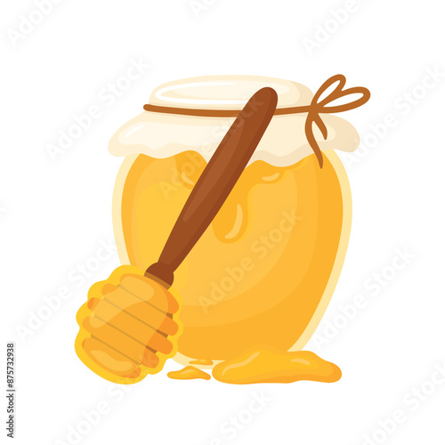 Honey jar with wooden honey dipper spoon cute cartoon vector illustration