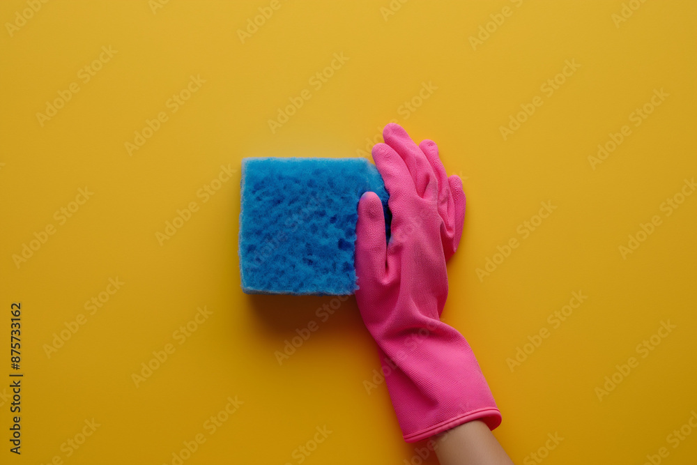 Pink Gloved Hand Cleaning Yellow Surface with Blue Sponge - Housekeeping and Cleaning Concept Pink Gloved Hand Cleaning Yellow Surface with Blue Sponge - Housekeeping and Cleaning Concept