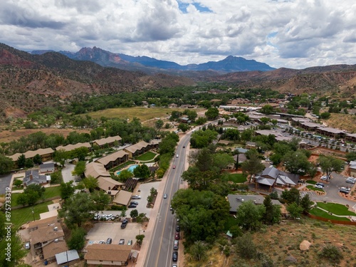 Mountains and villlage of Springdale at the entranceway to Zion National Park, Utah, United States of America.